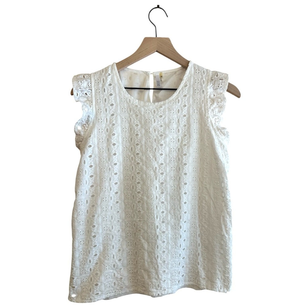 Kaktus White Eyelet Blouse, with flutter cap sleeves, S, Cottagecore Coastal